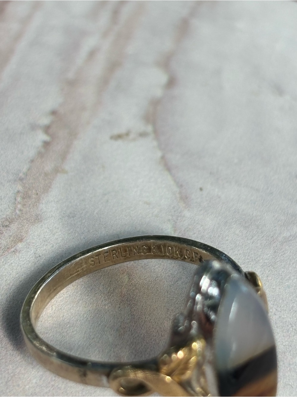 Vintage Clark & Coombs Sterling Silver 10K GF Marquise Banded Agate Ring Sz 6.5 - Picture 11 of 11